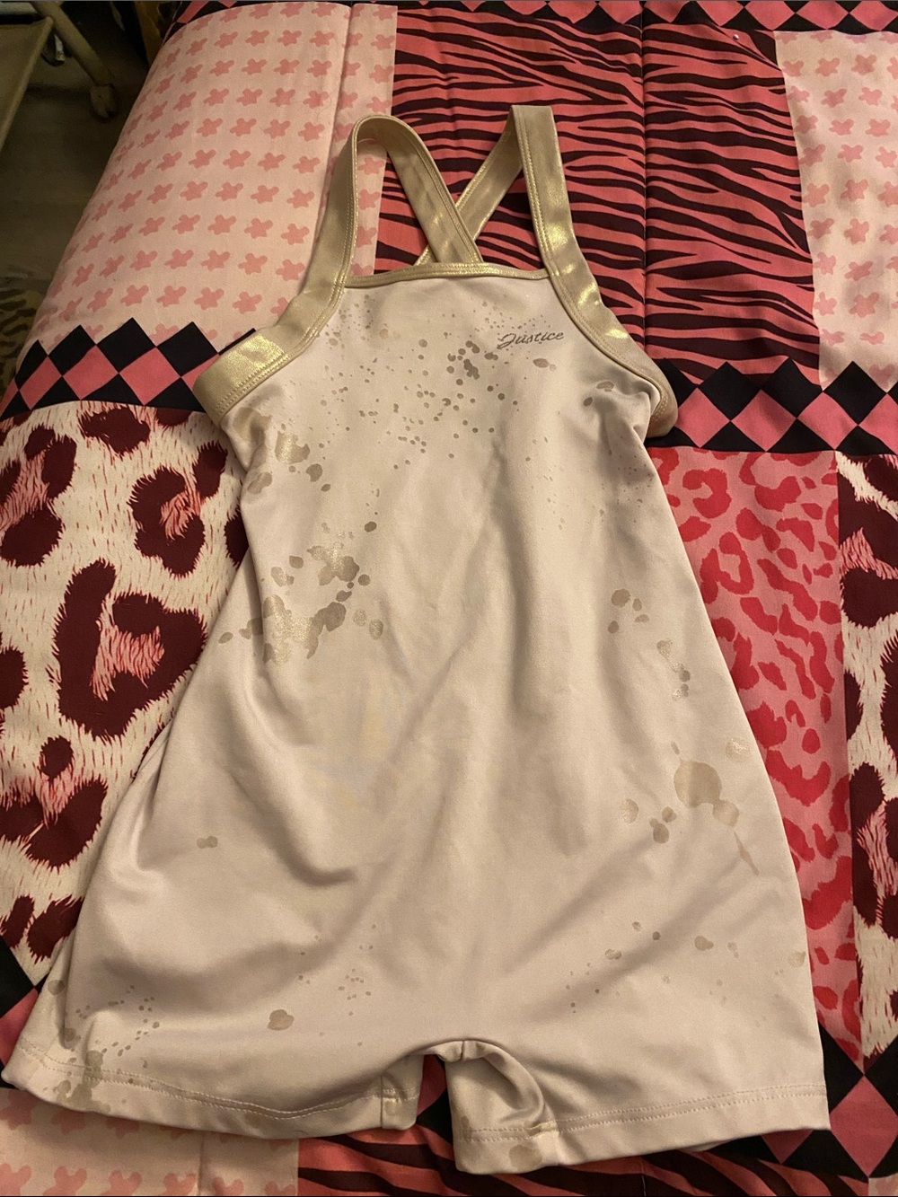 Justice Silver/White Gymnastics/Dance Leotard with Gold Trim